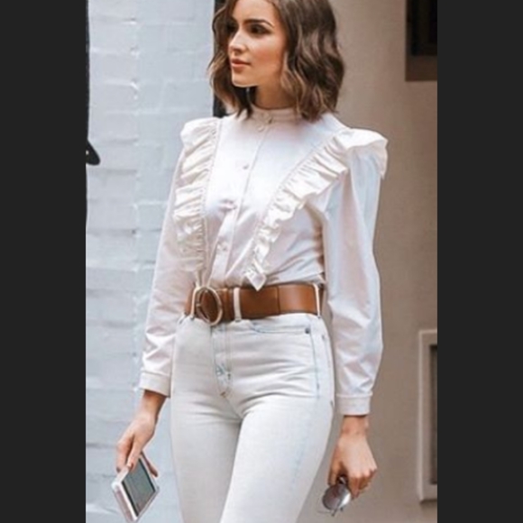 Olivia Culpo White Ruffle Button Down Shirt - Picture 3 of 8